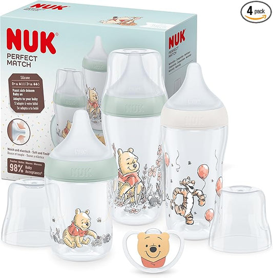 NUK Perfect Match Baby Bottles Set | 0 - 6+ Months | Adapts to Baby's Palate | 3 x Anti Colic Baby Bottles & Space Soother | BPA - Free | Disney Winnie the Pooh | 4 Count - Adenzo Comfies