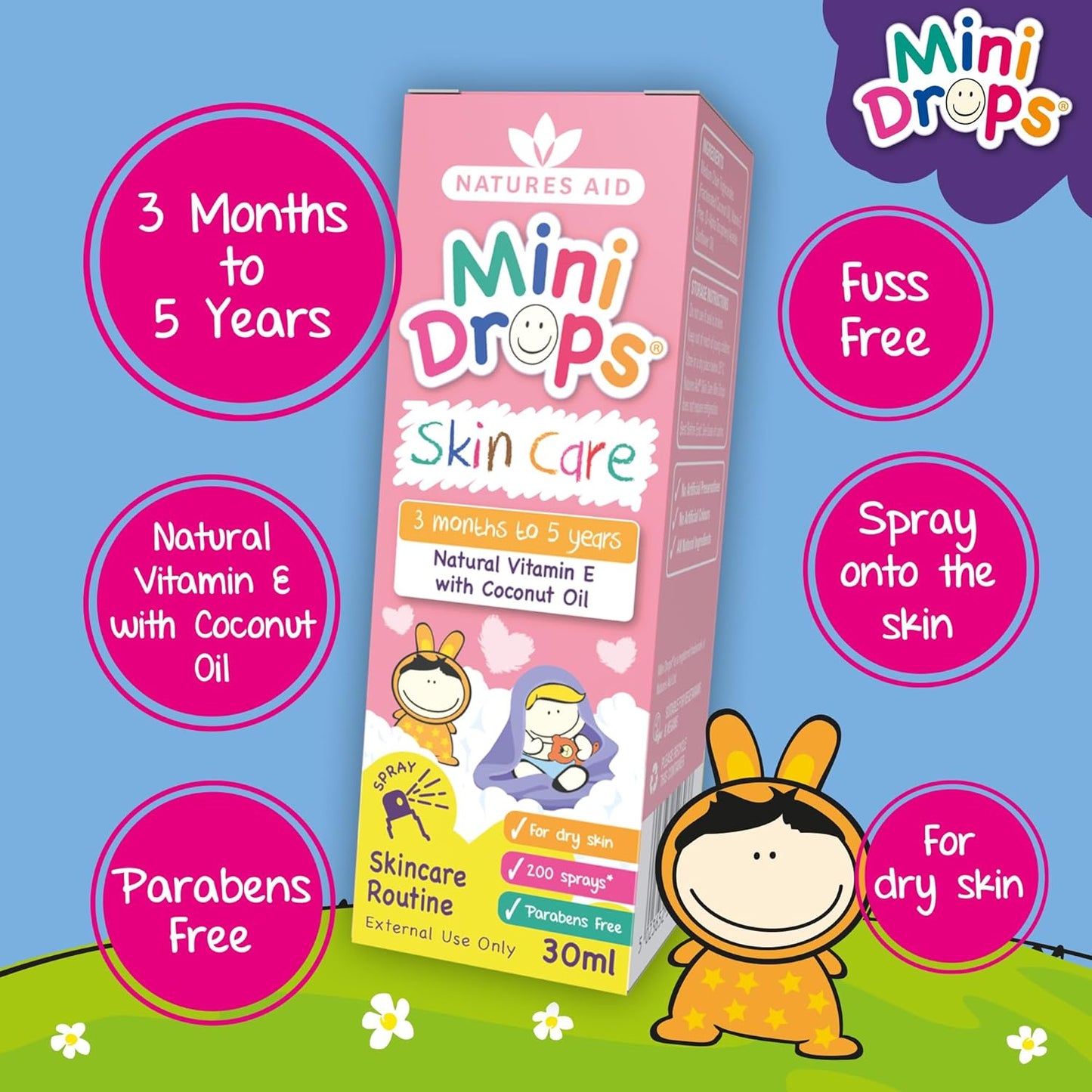 Natures Aid Mini Drops Vitamin E Skin Care - 30ml - Natural Daily Skincare Oil for Children 3 Months - 5 Years Supports Healthy Sensitive Skin - Easy-to-Use Spray for Babies Kids Toddlers Baby Massage