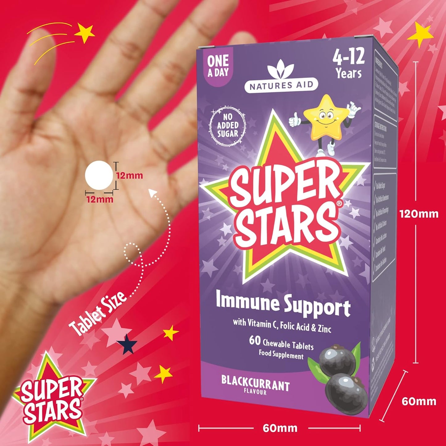 Natures Aid Super Stars Immune Support Chewables for Kids Aged 4-12 – Vitamin C, Zinc, Elderberry & Folic Acid – Supports Immunity, Growth & Energy – Natural Fruit Flavour, Vegan – 60 Tablets