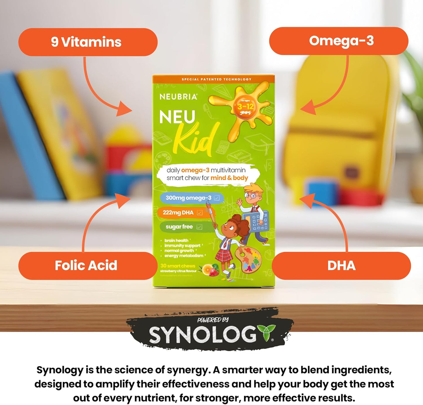 NEUBRIA NEU Kid Multivitamin & Omega-3 - Children Vitamins A, C, D, E, B Complex & Fish Oil for Kids - Sugar-Free Natural Soft Chews for Daily Wellness - UK Made, 30 Chewables