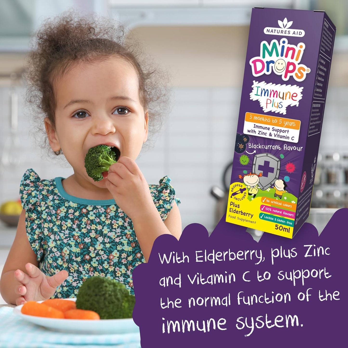 Natures Aid Mini Drops Immune Plus for Kids 50ml - Immune Support with Zinc and Vitamin C - Sugar Free, Vegan, Non-GMO, Natural Supplement for Infants and Children Age 0-5 Years Old - Dropper Included