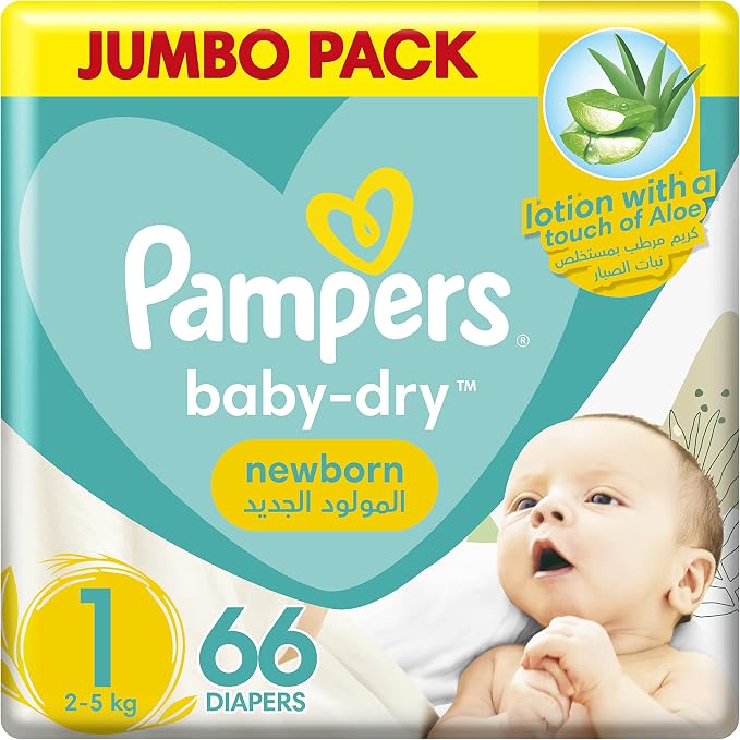Pampers New Baby-Dry Diapers, Size 1, Newborn, 2-5kg, Jumbo Pack, 66 Count. - Adenzo Comfies