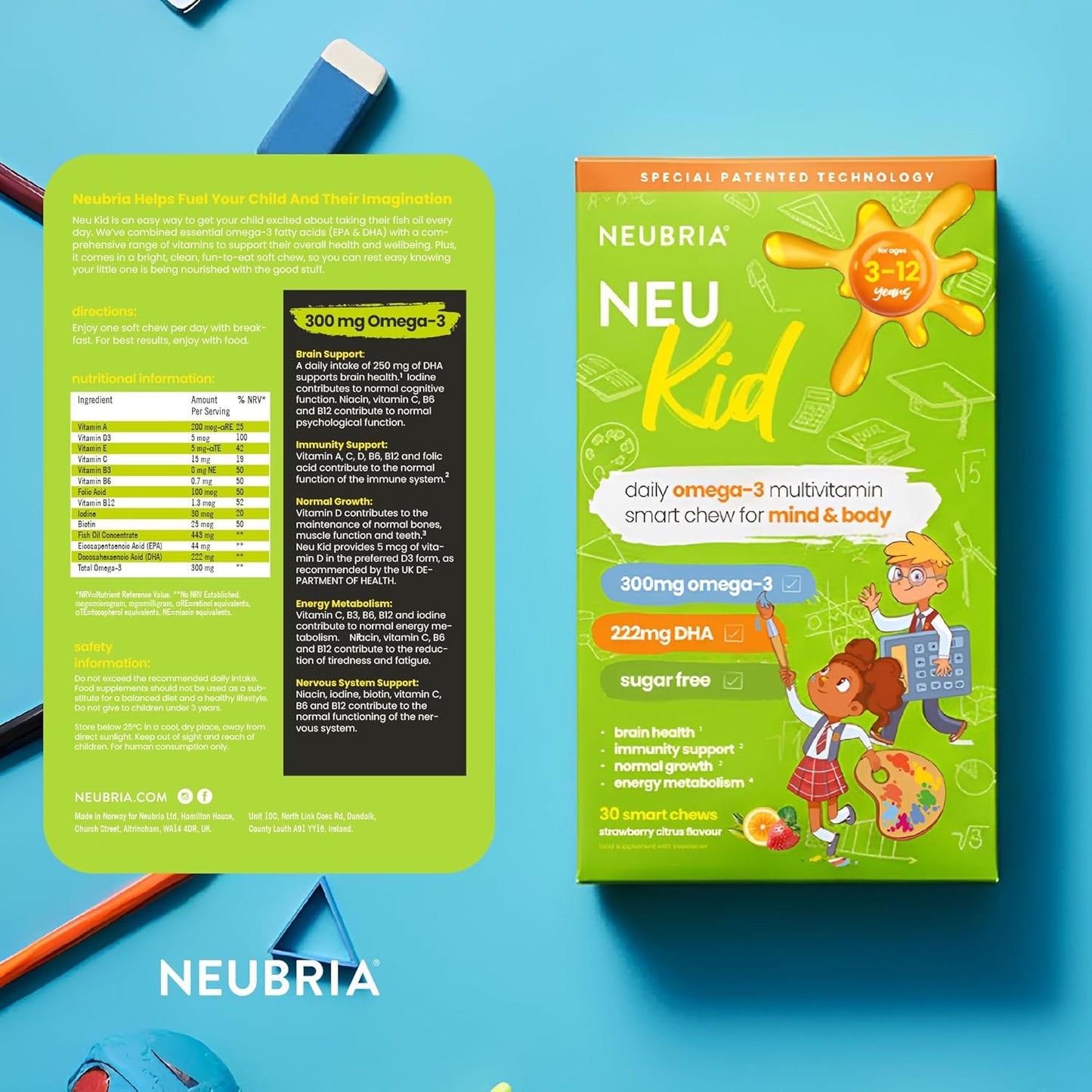 NEUBRIA NEU Kid Multivitamin & Omega-3 - Children Vitamins A, C, D, E, B Complex & Fish Oil for Kids - Sugar-Free Natural Soft Chews for Daily Wellness - UK Made, 30 Chewables