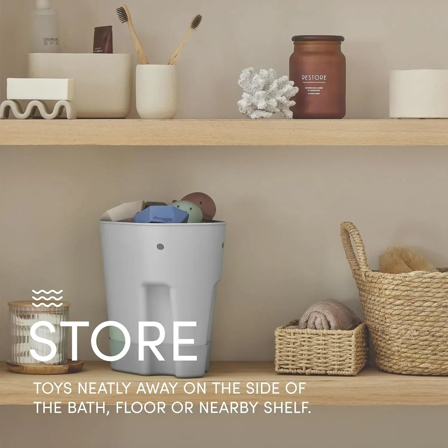 Shnuggle Ellie Bath Toy Storage Scoop | Baby & Toddler Bath Toy Drying Caddy with Drip Tray - Grey - Adenzo Comfies