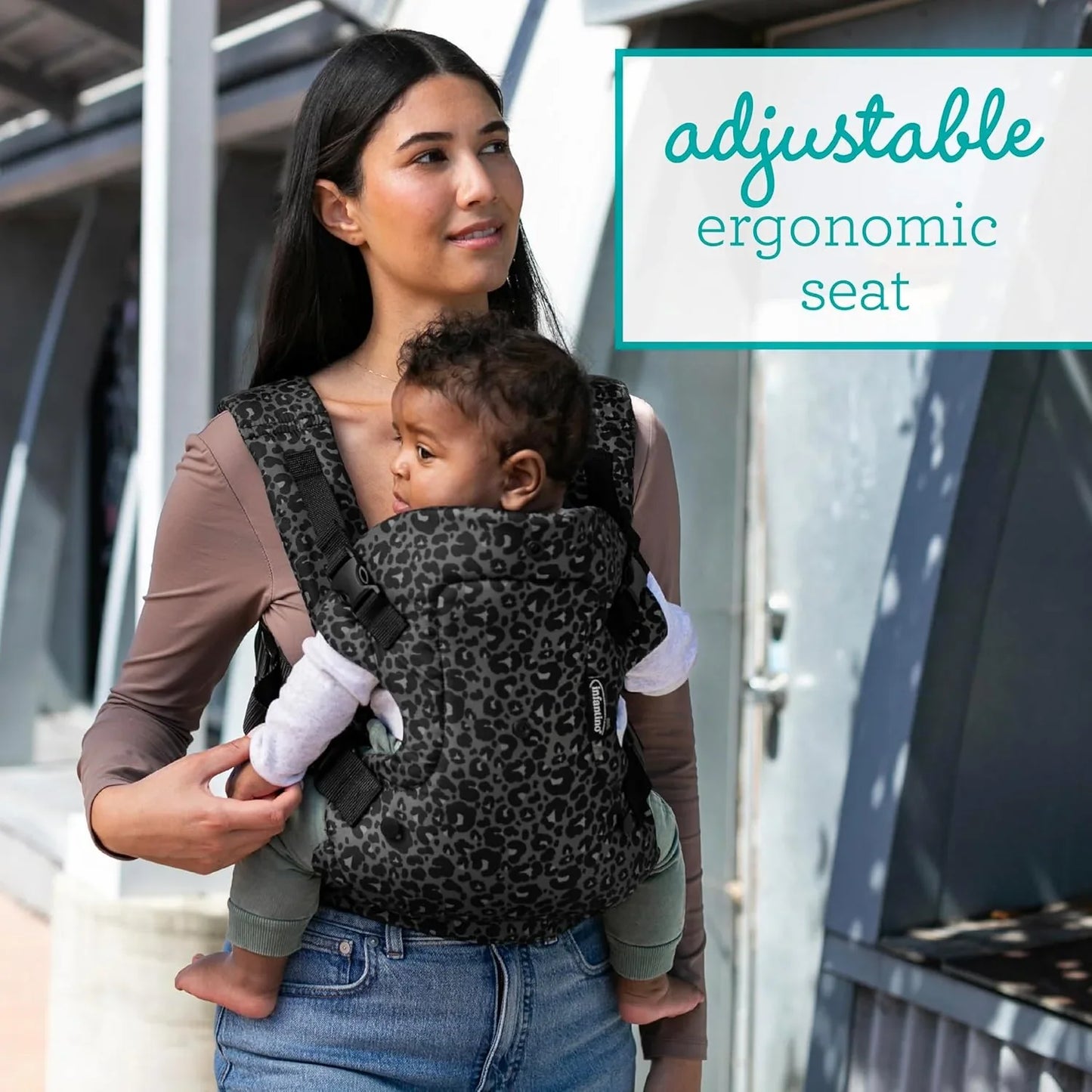 Infantino Flip 4 - in - 1 Convertible Baby Carrier, Adjustable, Ergonomic Hands Free Babywearing, Registry Essential, Carrier for Newborn to Toddler, Black & Gray Leopard - Adenzo Comfies