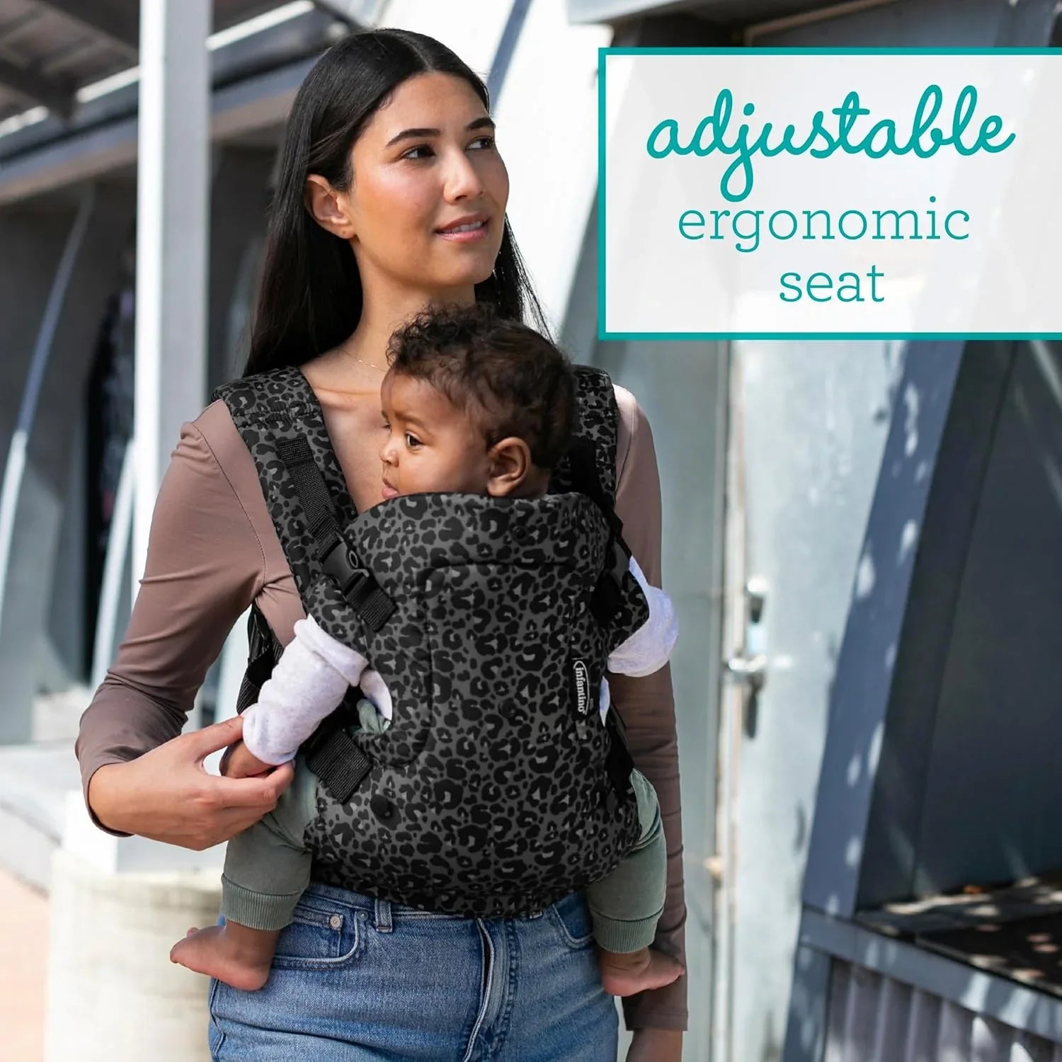 Infantino Flip 4 - in - 1 Convertible Baby Carrier, Adjustable, Ergonomic Hands Free Babywearing, Registry Essential, Carrier for Newborn to Toddler, Black & Gray Leopard - Adenzo Comfies