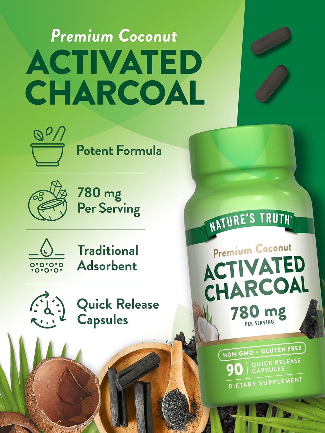 Nature's Truth Activated Charcoal Capsules | 90 Count | Non GMO & Gluten Free Supplement