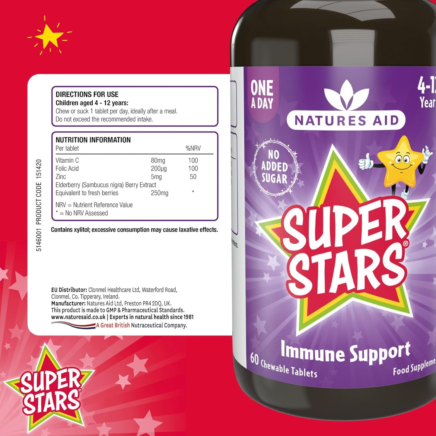 Natures Aid Super Stars Immune Support Chewables for Kids Aged 4-12 – Vitamin C, Zinc, Elderberry & Folic Acid – Supports Immunity, Growth & Energy – Natural Fruit Flavour, Vegan – 60 Tablets