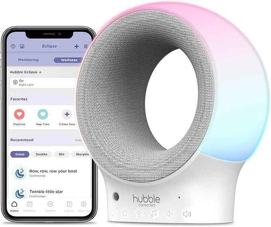 Hubble Eclipse Smart Baby Audio Monitor & Soother with 7-Colour Night Light, Speaker with Calming Music & Sleep Tracks, Room Temperature Sensor, Sleep Trainer with Wi-Fi connectivity. - Adenzo Comfies