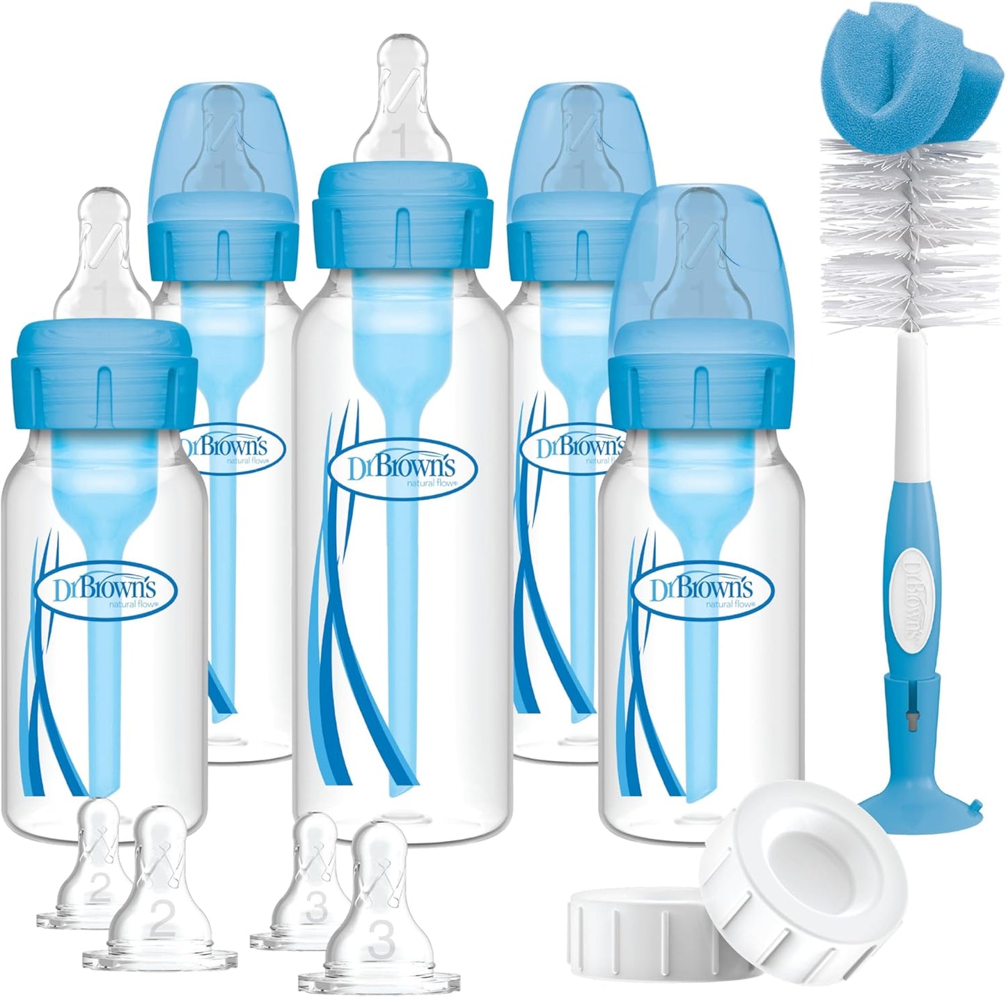 Dr. Brown’s Natural Flow Anti-Colic Options+ Narrow Neck Baby Bottle Gift Set – BPA-Free Newborn Feeding Set with 5 Bottles, Bottle Brush, Travel Caps & Slow Flow Nipples
