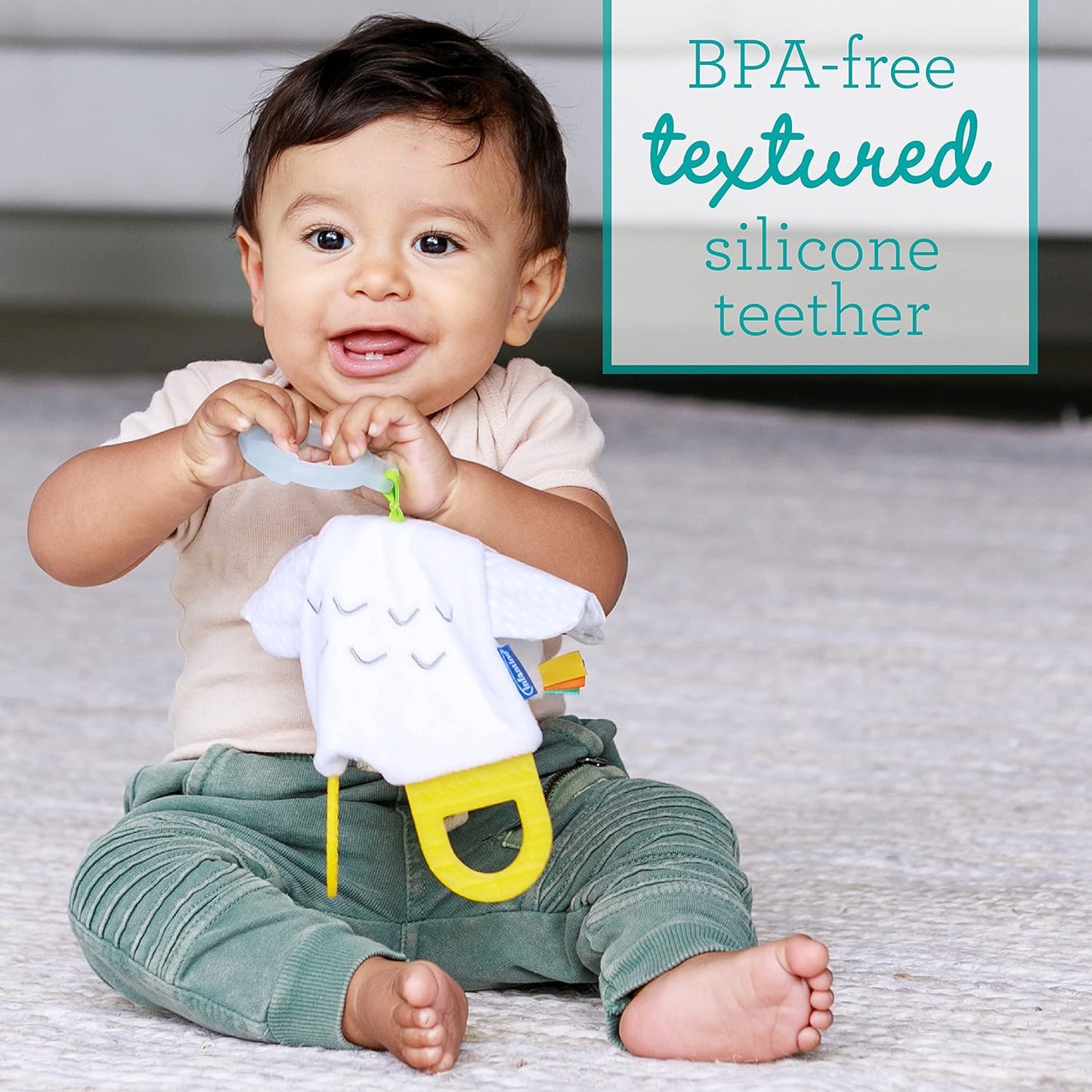 Infantino Glow-in-The Dark Cuddly Teether - Owl Soft Toy with 3 Textured Teethers, Fiddle Flags, Crinkle Sounds, Soft Material, On The Go Toy