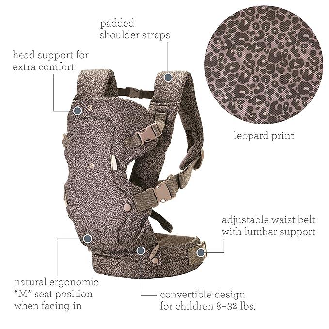 Infantino Flip 4 - in - 1 Convertible Baby Carrier, Adjustable, Ergonomic Hands Free Babywearing, Registry Essential, Carrier for Newborn to Toddler, Black & Gray Leopard - Adenzo Comfies