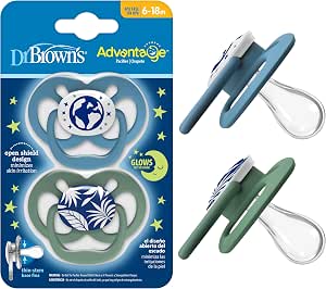 Dr. Brown's Advantage Glow-in-the-Dark Baby Pacifier, Fully Symmetrical Soother with Soft Silicone Bulb, Blue Nature, 6-18m, BPA Free, 2 Pack. - Adenzo Comfies