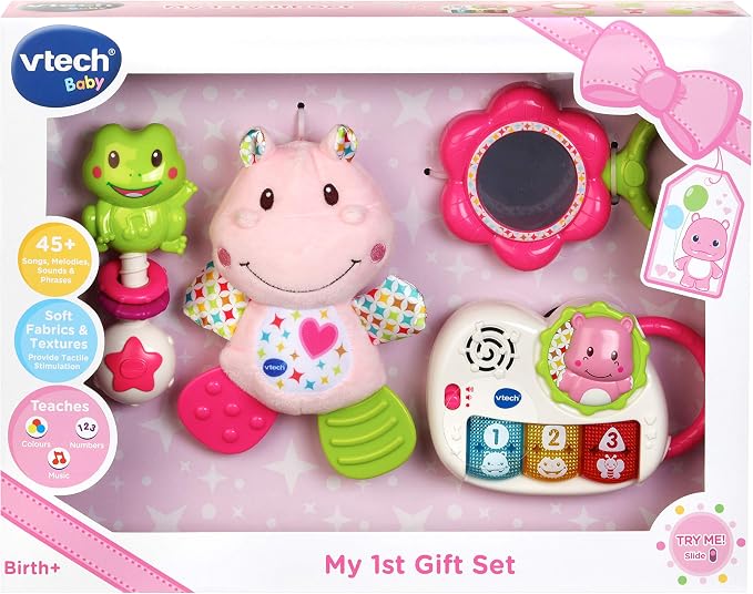 VTech My First Gift Set, Newborn Baby Toys Including Hippo Animal Plush, Baby Teether, Baby Rattle & Baby Musical Toy, 0, 6, 12 Months and Over for Boys & Girls, Pink