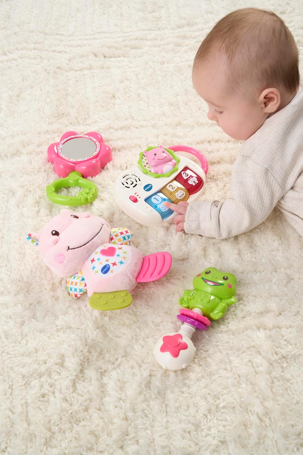 VTech My First Gift Set, Newborn Baby Toys Including Hippo Animal Plush, Baby Teether, Baby Rattle & Baby Musical Toy, 0, 6, 12 Months and Over for Boys & Girls, Pink