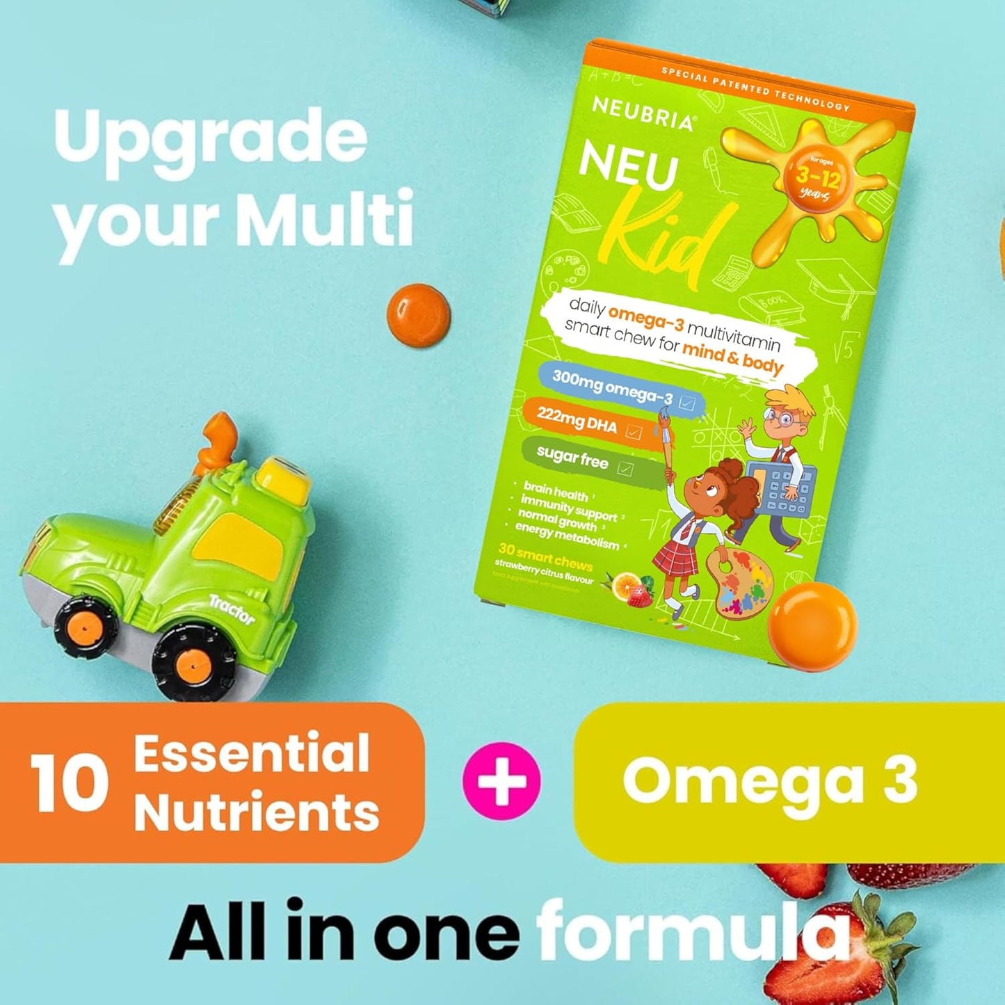 NEUBRIA NEU Kid Multivitamin & Omega-3 - Children Vitamins A, C, D, E, B Complex & Fish Oil for Kids - Sugar-Free Natural Soft Chews for Daily Wellness - UK Made, 30 Chewables