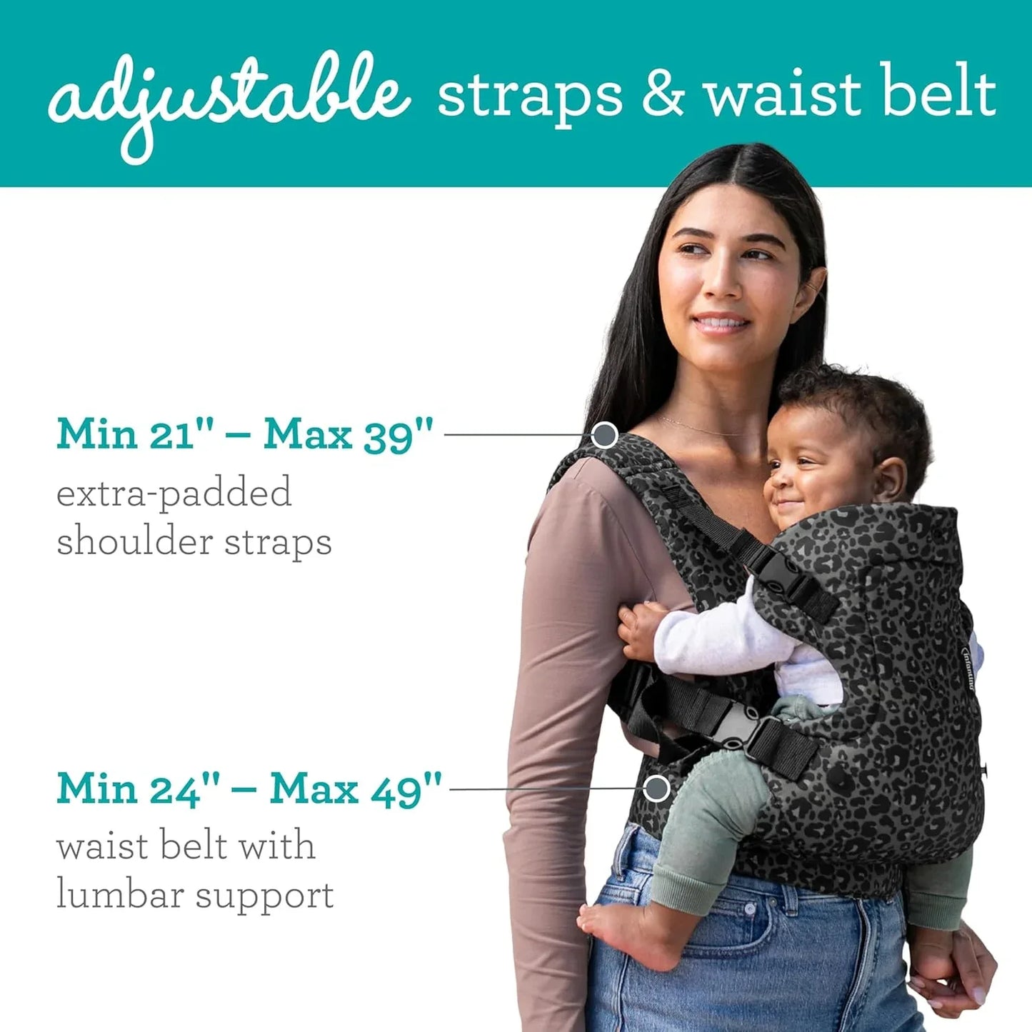 Infantino Flip 4 - in - 1 Convertible Baby Carrier, Adjustable, Ergonomic Hands Free Babywearing, Registry Essential, Carrier for Newborn to Toddler, Black & Gray Leopard - Adenzo Comfies