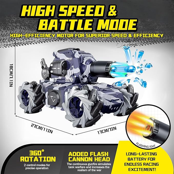 RC Tank That Shoots BBS, Water Bullet Shooting RC Stunt Car for Kids, 2.4GHz Remote Control Truck with Light Spray, 360° Rotation & Drifting, Birthday Gift for Boys, 30+ Min Playtime - Adenzo Comfies