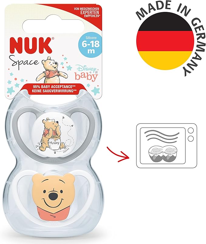 NUK Space Baby Dummy | 0 - 6 Months | Soothers with Extra Ventilation for Sensitive Skin| BPA - Free Silicone | Disney Winnie the Pooh | 2 Count - Adenzo Comfies