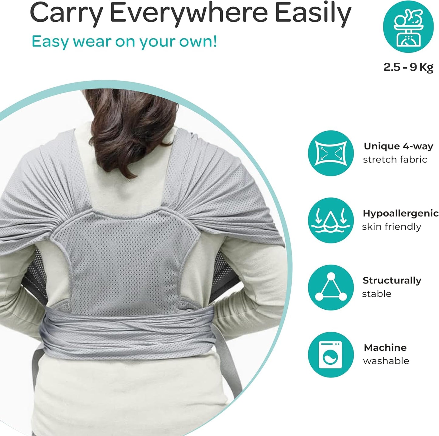 The Moon Brand KaryGo baby Sling Wrap Carrier – Soft, Breathable,Baby Carrier for Newborns & Infants (3.2 - 9 kg) – Hands - Free, Adjustable, Comfortable, and Versatile for Nursing - Mid Grey - Adenzo Comfies