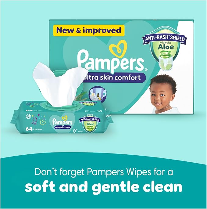 Pampers complete clean baby wipes, with 0% alcohol, 64 wipe count.
