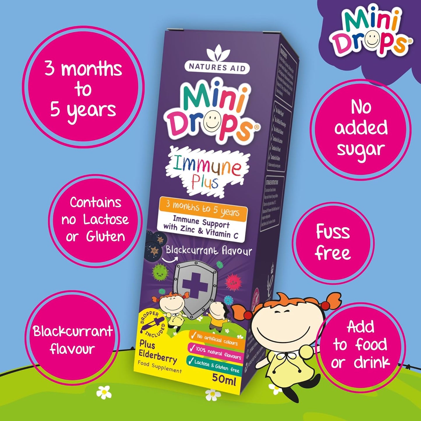 Natures Aid Mini Drops Immune Plus for Kids 50ml - Immune Support with Zinc and Vitamin C - Sugar Free, Vegan, Non-GMO, Natural Supplement for Infants and Children Age 0-5 Years Old - Dropper Included