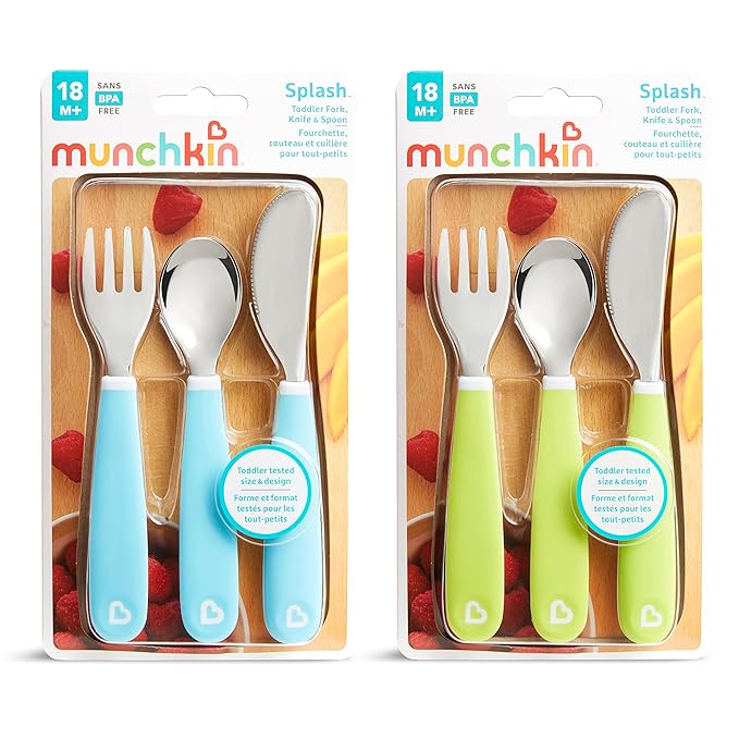 Munchkin Splash Toddler Cutlery Set (Fork, Knife & Spoon), Purple | BPA-Free, Dishwasher Safe, Easy-Grip Utensils for Self-Feeding | Safe Flatware for Babies & Toddlers 18+ Months - Adenzo Comfies