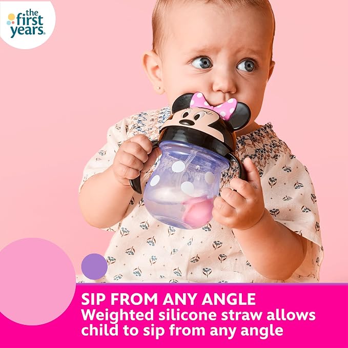 The First Years Disney Minnie Mouse Weighted Straw Cup - Spill Proof Toddler Cups with Flip Top Cover and Silicone Straw - Dishwasher Safe - 207ml - 9 Months and Up - Adenzo Comfies