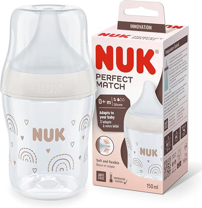 NUK Perfect Match Baby Bottle | 0+ Months | Adapts to Baby's Palate | Temperature Control | Anti Colic Vent | BPA - Free | Small Silicone Teat | Rainbow - Adenzo Comfies