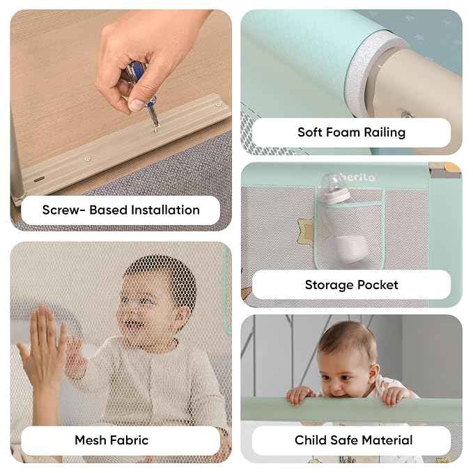 Side Bed Safety Guard for Kids | Foldable & Height Adjustable | Breathable Mesh -mint 1.5m.