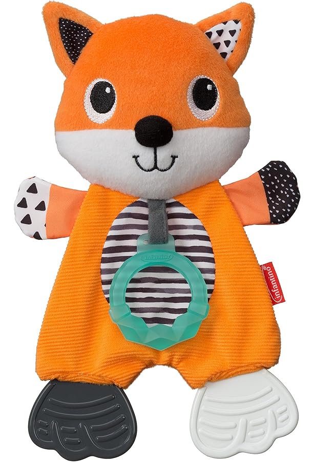 Infantino Glow-in-The Dark Cuddly Teether - Owl Soft Toy with 3 Textured Teethers, Fiddle Flags, Crinkle Sounds, Soft Material, On The Go Toy