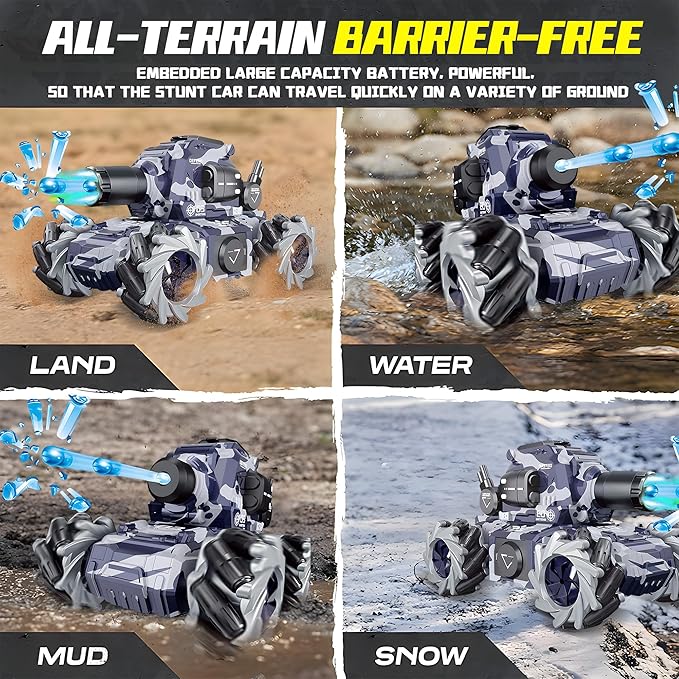 RC Tank That Shoots BBS, Water Bullet Shooting RC Stunt Car for Kids, 2.4GHz Remote Control Truck with Light Spray, 360° Rotation & Drifting, Birthday Gift for Boys, 30+ Min Playtime - Adenzo Comfies