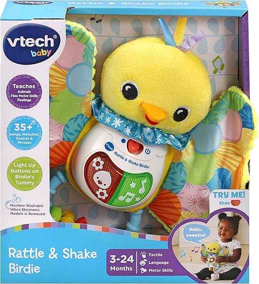 Vtech Baby Rattle & Shake Birdie, English | Shake for sound effects and press 2 light-up buttons for phrases, 3 songs and 15 melodies. Ages 3-24months .