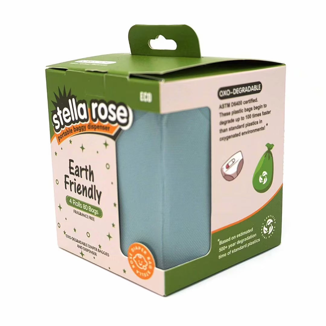 Earth Friendly Diaper Baggy Dispenser with 80 OXO-Degradable Bags with Cardboard Recyclable Core (Blue).