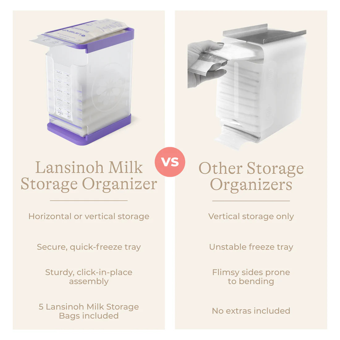 Lansinoh Breastmilk Bags Storage Container – Organizer with Quick‑Freeze Tray + 5 Bonus Bags
