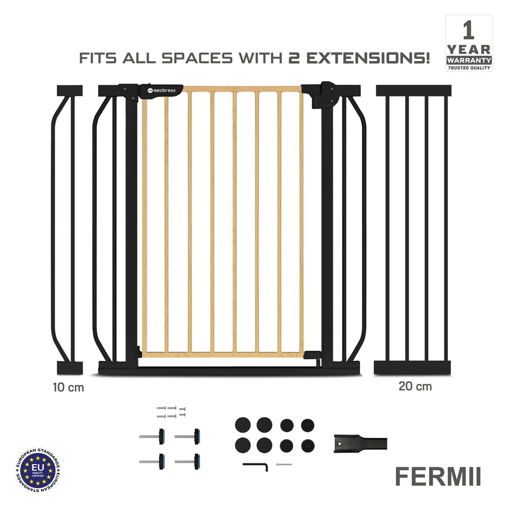 Neobreez FERMII Auto Close Safety Baby Toddler Gate| 75 to 85(up to 115 cm)+ 10/20cm Extension| Extra Wide Child Gate For Stairs&Doorways, Wide Pressure Fit Stair Gate | No Drill Barrier Stair Gate.