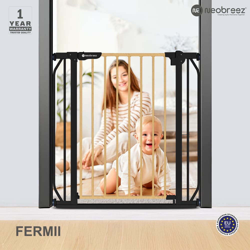 Neobreez FERMII Auto Close Safety Baby Toddler Gate| 75 to 85(up to 115 cm)+ 10/20cm Extension| Extra Wide Child Gate For Stairs&Doorways, Wide Pressure Fit Stair Gate | No Drill Barrier Stair Gate.