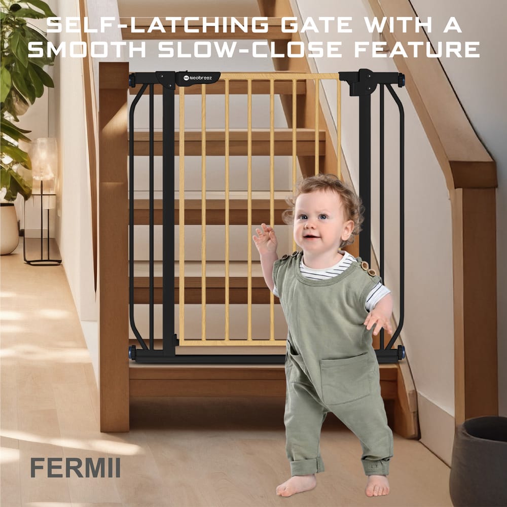 Neobreez FERMII Auto Close Safety Baby Toddler Gate| 75 to 85(up to 115 cm)+ 10/20cm Extension| Extra Wide Child Gate For Stairs&Doorways, Wide Pressure Fit Stair Gate | No Drill Barrier Stair Gate.
