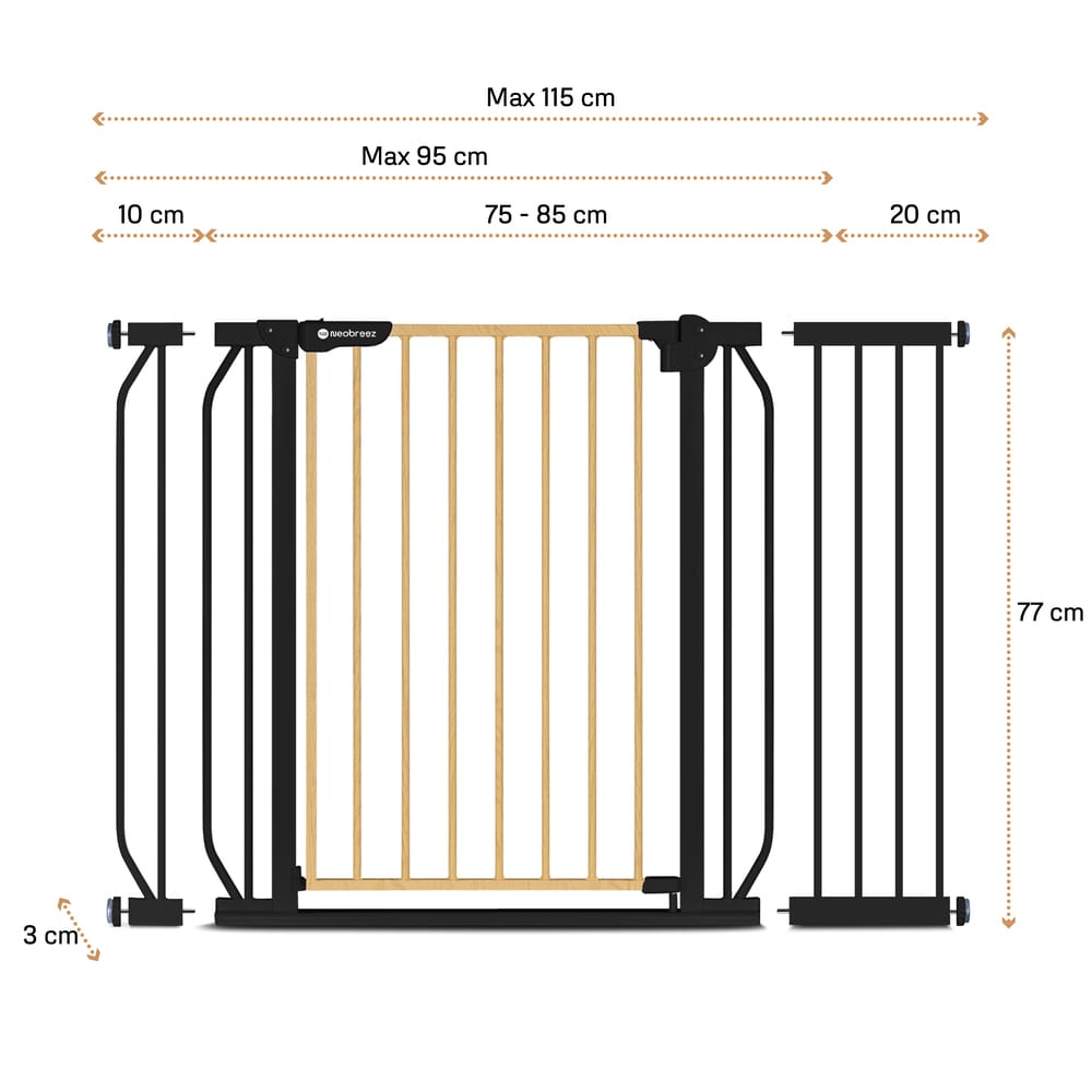 Neobreez FERMII Auto Close Safety Baby Toddler Gate| 75 to 85(up to 115 cm)+ 10/20cm Extension| Extra Wide Child Gate For Stairs&Doorways, Wide Pressure Fit Stair Gate | No Drill Barrier Stair Gate.