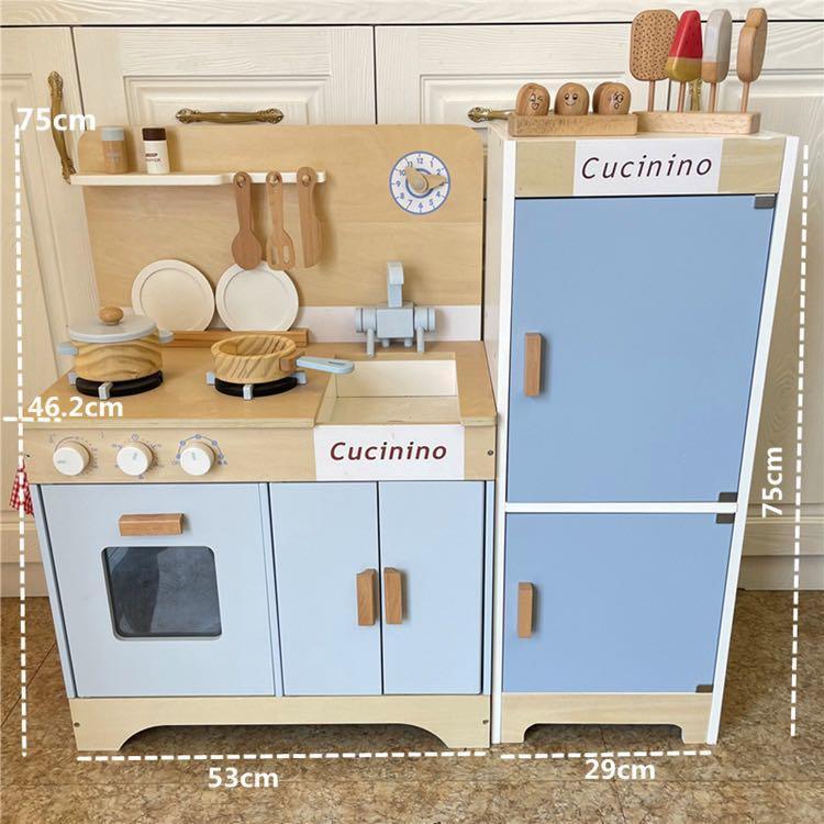 (Kitchen+Fridge) BNIB Cucinino Nordic European Simple Design Baby Blue Kids Wooden Kitchen & Fridge Play Set with Accessories Montessori Play Pretend Kitchenette Set Play Set Educational Children Toy Best Gift for Kids Toy Storage - Adenzo Comfies