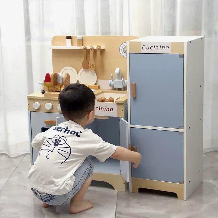 (Kitchen+Fridge) BNIB Cucinino Nordic European Simple Design Baby Blue Kids Wooden Kitchen & Fridge Play Set with Accessories Montessori Play Pretend Kitchenette Set Play Set Educational Children Toy Best Gift for Kids Toy Storage - Adenzo Comfies