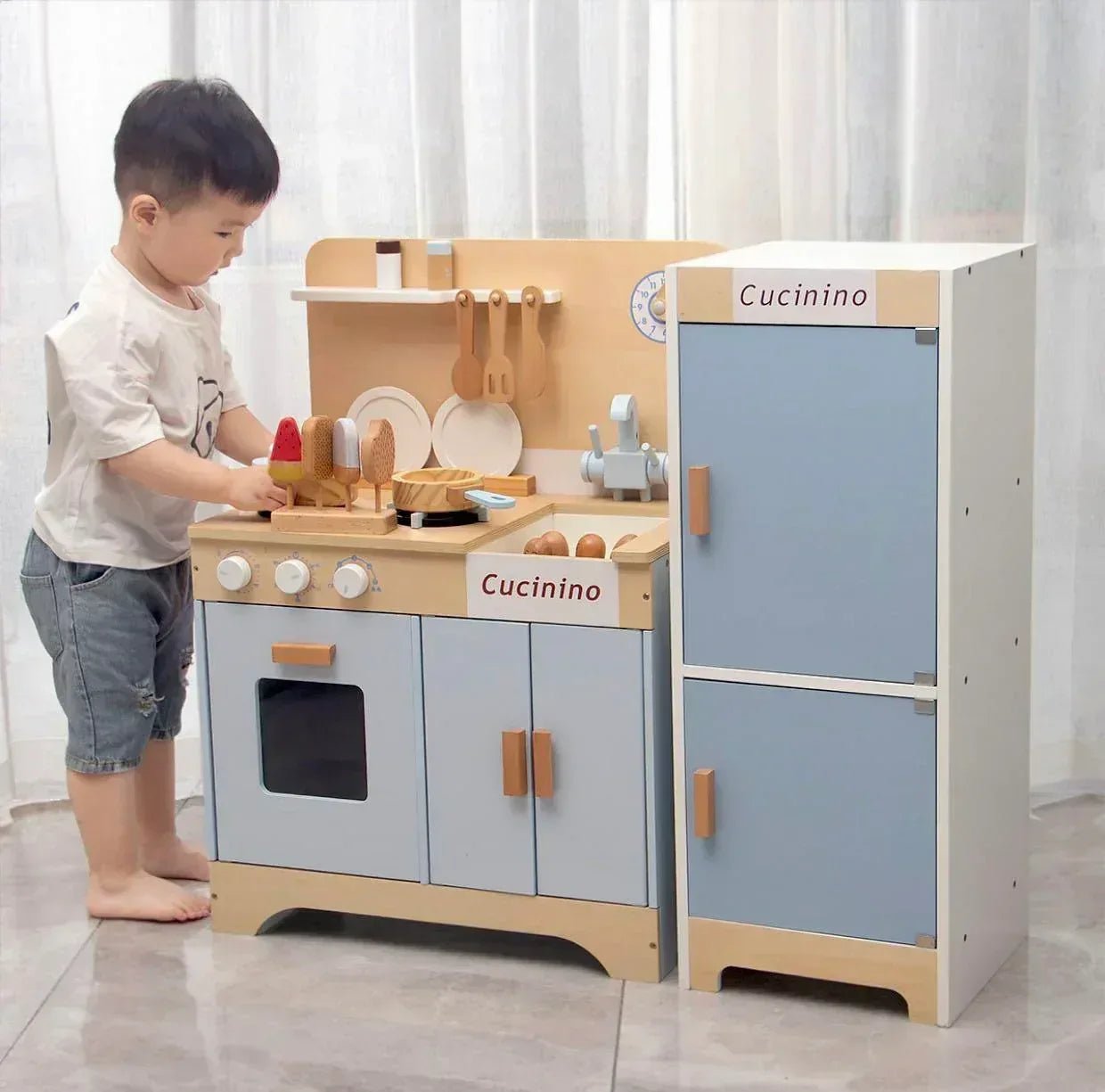 (Kitchen+Fridge) BNIB Cucinino Nordic European Simple Design Baby Blue Kids Wooden Kitchen & Fridge Play Set with Accessories Montessori Play Pretend Kitchenette Set Play Set Educational Children Toy Best Gift for Kids Toy Storage - Adenzo Comfies