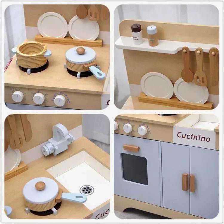 (Kitchen+Fridge) BNIB Cucinino Nordic European Simple Design Baby Blue Kids Wooden Kitchen & Fridge Play Set with Accessories Montessori Play Pretend Kitchenette Set Play Set Educational Children Toy Best Gift for Kids Toy Storage - Adenzo Comfies