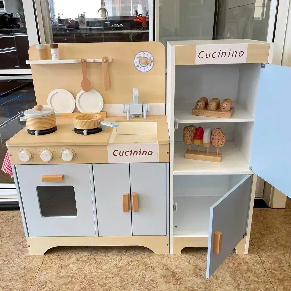 (Kitchen+Fridge) BNIB Cucinino Nordic European Simple Design Baby Blue Kids Wooden Kitchen & Fridge Play Set with Accessories Montessori Play Pretend Kitchenette Set Play Set Educational Children Toy Best Gift for Kids Toy Storage - Adenzo Comfies