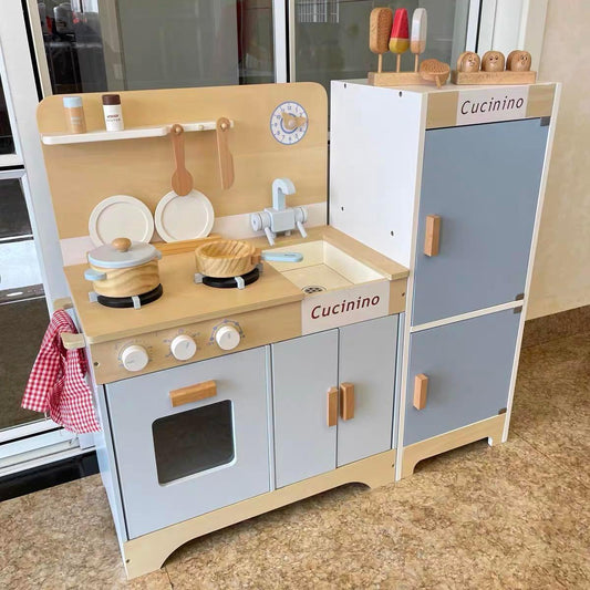 (Kitchen+Fridge) BNIB Cucinino Nordic European Simple Design Baby Blue Kids Wooden Kitchen & Fridge Play Set with Accessories Montessori Play Pretend Kitchenette Set Play Set Educational Children Toy Best Gift for Kids Toy Storage - Adenzo Comfies