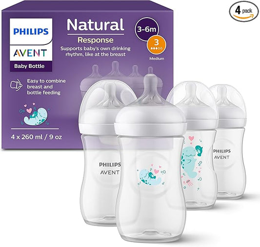 Philips Avent Natural Response Baby Gift Set, 4 Natural Response Baby Bottles 260 ml with T3 (1 m+ Teats), SCY903/61