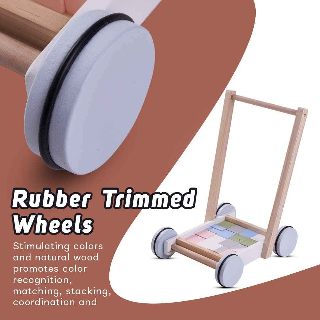 Baybee 2 in 1 Wooden Baby Learning Toy Activity Walker for Kids, Wooden Toy Cart Cum Walker for Kids with 20 Pcs Wooden Block for Kids, Push & Pull Along Toys for Kids Indoor & Outdoor - Adenzo Comfies