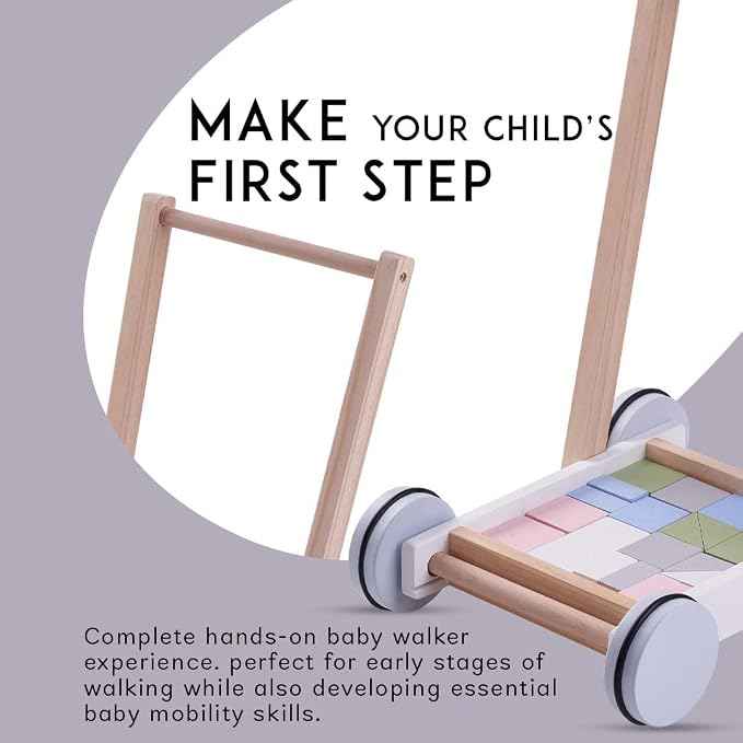 Baybee 2 in 1 Wooden Baby Learning Toy Activity Walker for Kids, Wooden Toy Cart Cum Walker for Kids with 20 Pcs Wooden Block for Kids, Push & Pull Along Toys for Kids Indoor & Outdoor - Adenzo Comfies