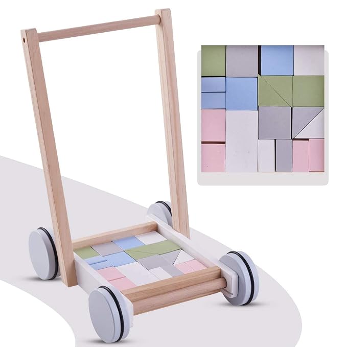 Baybee 2 in 1 Wooden Baby Learning Toy Activity Walker for Kids, Wooden Toy Cart Cum Walker for Kids with 20 Pcs Wooden Block for Kids, Push & Pull Along Toys for Kids Indoor & Outdoor - Adenzo Comfies