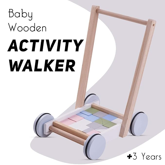 Baybee 2 in 1 Wooden Baby Learning Toy Activity Walker for Kids, Wooden Toy Cart Cum Walker for Kids with 20 Pcs Wooden Block for Kids, Push & Pull Along Toys for Kids Indoor & Outdoor - Adenzo Comfies